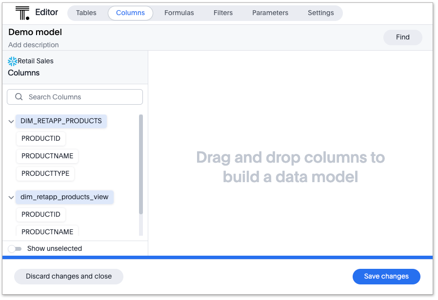 Model columns tab