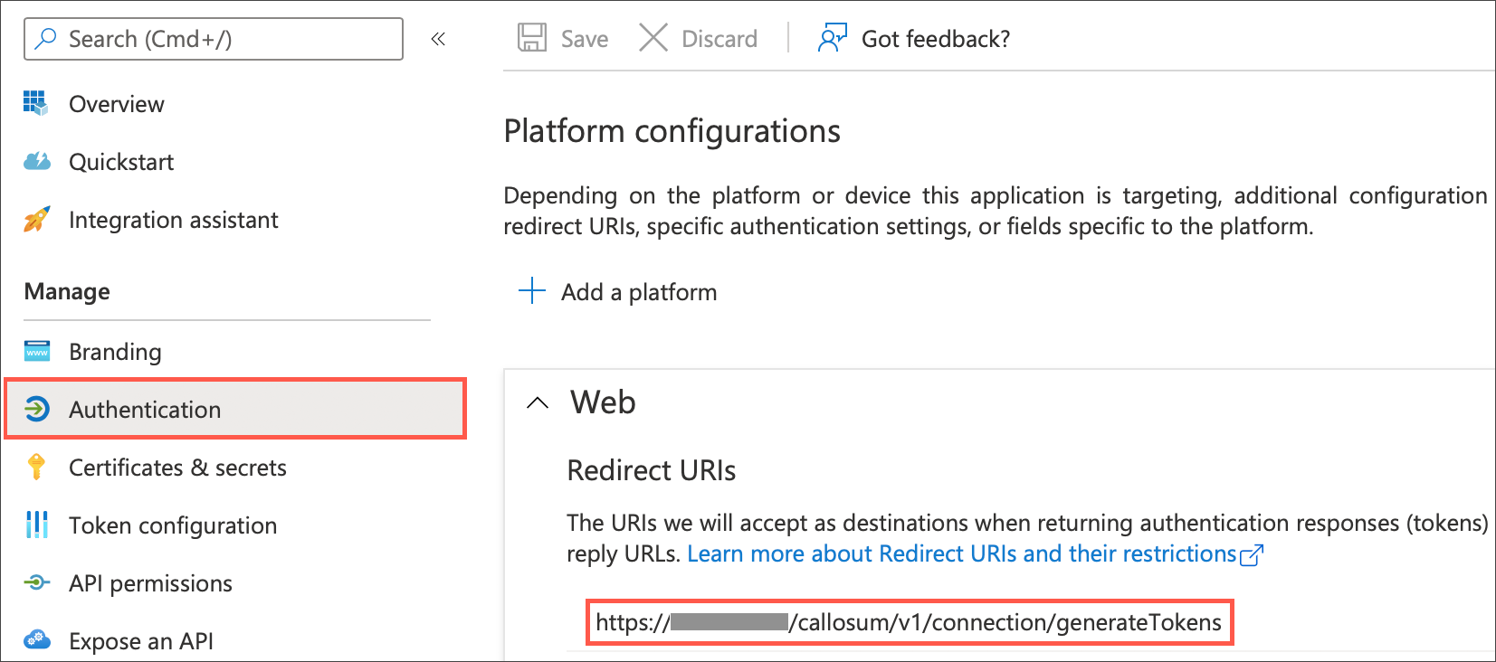 Select Authentication and specify the redirect URI